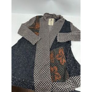 Fleur De Lis Cardigan Black Knit Yarn Patchwork Boho Floral Open Front Size S